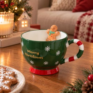 Könnte beinhalten: Ein dunkelgrüner Keramikbecher mit weißen Schneeflockenmustern, dem goldenen Schriftzug Merry Christmas und einem roten Boden. Im Inneren ist eine kleine Lebkuchenmann-Figur am Rand befestigt. Der Henkel ist mit rot-weißen Zuckerstangenstreifen.