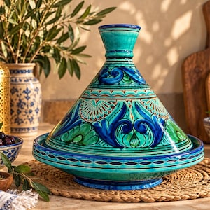 Puede incluir: Un tajine de cerámica con tapa cónica y base ancha, decorado con intrincados patrones pintados a mano en tonos vibrantes de turquesa, azul intenso y verde. El acabado brillante resalta los detallados motivos florales y volutas.