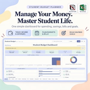 May include: A digital student budget planner dashboard featuring sections for income, expenses, bills, and savings goals. The interface displays charts, budget health bars, and recent activity logs. Text includes "Manage Your Money. Master Student Life."
