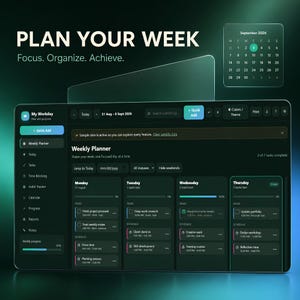 Op de afbeelding: Een digitale weekplanner-interface weergegeven op een donker scherm met groenblauwe accenten. Het dashboard bevat een kalender voor september 2026, takenlijsten voor maandag tot en met donderdag, voortgangsbalken en navigatiemenu's.
