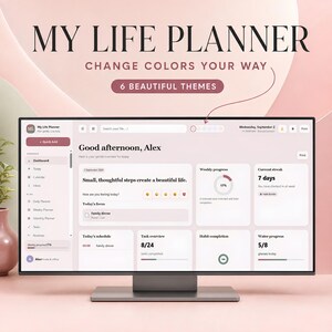 May include: A computer monitor displaying a digital life planner interface with a light pink and white colour scheme. The screen shows a dashboard with sections for weekly progress, current streak, daily focus, and task overview with text.