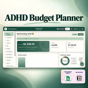 May include: A digital ADHD Budget Planner interface featuring a dark green header, a sidebar with navigation tabs, and a dashboard displaying financial data like income, expenses, and spending categories. Includes a small badge stating NO GOOGLE SHEETS and NO NOTION.