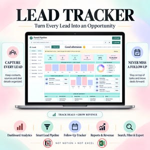 Può includere: Un dashboard digitale per il monitoraggio dei lead visualizzato su uno schermo di un portatile, con analisi, gestione della pipeline e strumenti di follow-up. L'interfaccia include etichette come LEAD TRACKER e CAPTURE EVERY LEAD.