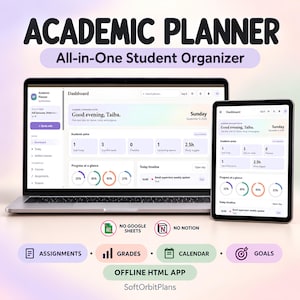 Op de afbeelding: Een digitale interface voor een academische planner weergegeven op een laptop- en tabletscherm. Het dashboard toont studentenstatistieken, voortgangsgrafieken en een tijdlijn. Tekst bevat Academic Planner en SoftOrbitPlans.