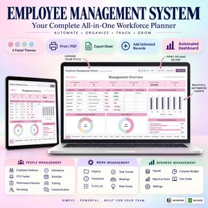 May include: A digital employee management system displayed on a laptop and tablet screen. The interface features a management overview dashboard with workforce metrics, payroll data, and performance charts in a pastel color scheme with text.