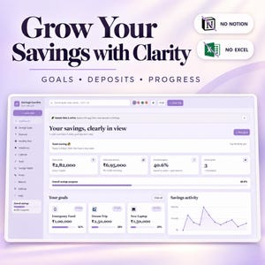 May include: A digital dashboard interface titled Savings Garden with the text Grow Your Savings with Clarity, Goals, Deposits, Progress, No Notion, and No Excel. The screen displays financial data, savings goals, progress bars, and a line graph.