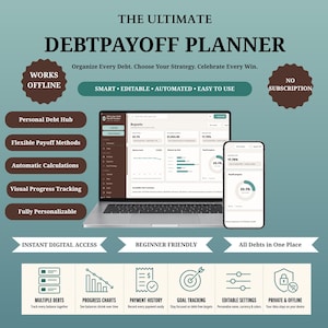 May include: A digital debt payoff planner displayed on a laptop and smartphone screen. The interface features reports, balance trends, and progress charts. Text includes THE ULTIMATE DEBT PAYOFF PLANNER, WORKS OFFLINE, NO SUBSCRIPTION, and various feature labels.