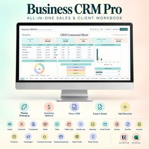 Könnte beinhalten: Ein Computermonitor zeigt das Business CRM Pro Verkaufs- und Kundenarbeitsbuch. Der Bildschirm zeigt ein CRM-Befehlsblatt mit Datentabellen, einem Kreisdiagramm für Lead-Quellen, einem Verkaufstrichter und einer 6-Monats-Verkaufsprognose.