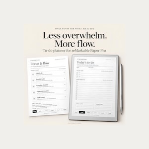 Puede incluir: Una plantilla de planificador digital para reMarkable Paper Pro con diseño de enfoque y flujo. La pantalla muestra una lista de tareas de hoy con secciones para las tres tareas principales, todo lo demás, después y un pequeño logro, con un lápiz.
