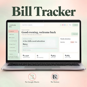 May include: A laptop screen displaying the SoftOrbit Bills dashboard, a digital bill tracker interface with sections for income, expenses, and budget planning. The screen shows financial summaries, overdue electricity bills, and totals in rupees.