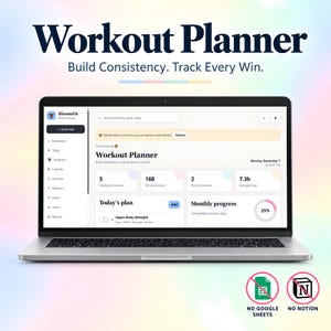 May include: A silver laptop displaying the BloomFit Workout Planner interface with dark text on a light background. The screen shows workout statistics, a daily plan, and progress charts. Below the laptop are icons indicating no Google Sheets or Notion.