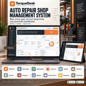 May include: A laptop and tablet displaying the TorqueDesk auto shop management system dashboard. The screen shows a service command center with live workflow, revenue insights, and daily scheduling. Below are icons for dashboard, work orders, appointments, customers, vehicles, inventory, invoices, expenses, reports, backup, theme colors, and print.