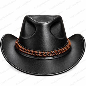 Black Leather Cowboy Hat, Wide Brim Western Style, Orange Braided Band (Unisex)