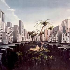 May include: A surreal painting depicting a central island with two figures resting beneath two palm trees, surrounded by a deep dark chasm. The scene is flanked by tall grey city buildings on both sides, with a snow-capped mountain in the distance.