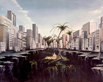All Together Alone - Surrealist Cityscape Art Print , Dreamlike Wall Art ,  Unusual 18x24 Decor