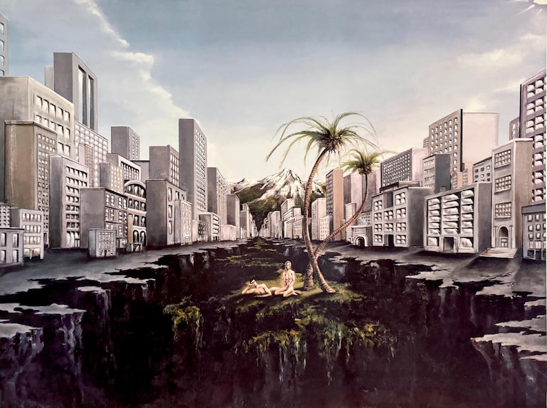 May include: A surreal painting depicting a central island with two figures resting beneath two palm trees, surrounded by a deep dark chasm. The scene is flanked by tall grey city buildings on both sides, with a snow-capped mountain in the distance.