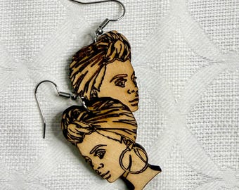 Pendientes de madera para mujeres africanas – Retratos artísticos y de perfil de mujeres – Joyería bohemia