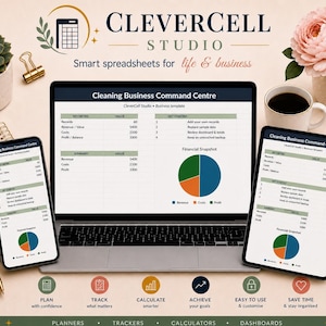 May include: A laptop, a smartphone, and a tablet displaying a Cleaning Business Command Centre spreadsheet template. The screen shows financial data, a pie chart, and the text CleverCell Studio. Below are icons for planning, tracking, and calculating.