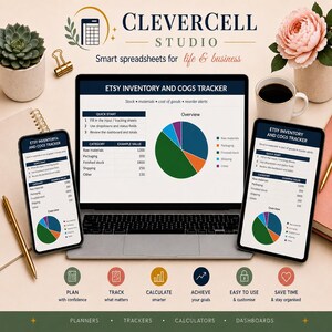 May include: A laptop, tablet, and smartphone displaying the Clevercell Studio Etsy Inventory and COGS Tracker spreadsheet. The screens show a pie chart, category tables, and quick start instructions. The branding includes the text Clevercell Studio.