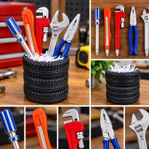 May include: A desk organiser shaped like a stack of three black tyres, filled with five pens designed to look like miniature tools including a blue screwdriver, an orange utility knife, a red pipe wrench, needle-nose pliers, and a silver wrench.