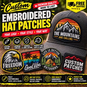 Puede incluir: Una gorra de béisbol gris oscuro con un parche de montaña, junto a cuatro parches bordados adicionales con diseños que incluyen un águila, palmeras, una tienda de campaña y textos como Freedom, Good Vibes, Life Is Better Outdoors y Custom Patches.
