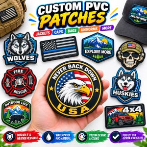 May include: A collection of custom PVC patches featuring various designs including a wolf, a thin blue line flag, a mountain landscape with the text EXPLORE MORE, a skull, a fire rescue emblem, a bear, a red 4x4 vehicle, and a central eagle patch.