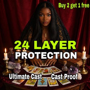 May include: A person with long dark hair wearing a black lace veil, positioned behind a table covered in a dark red cloth. The table features tarot cards, two lit candles in brass holders, purple crystals, and small glass bottles. Text reads 24 LAYER PROTECTION, Buy 2 get 1 free, Ultimate Cast, and Cast Proof.