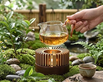 Calentador Tetera Madera Aluminio | Estufa de Té Vela | Accesorio Hecho a Mano | Decoración Zen
