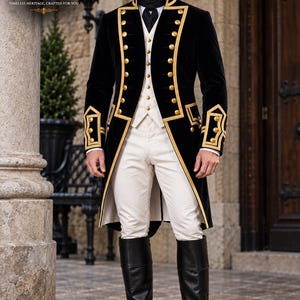 Op de afbeelding: Een zwarte fluwelen pandjesjas met gouden biezen en koperen knopen, gedragen over een wit vest met bijpassende knopen, een witte broek en kniehoge laarzen van zwart leer. Het ensemble bevat een zwarte cravat en een wit overhemd met kraag.