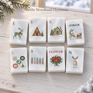 Nordic Woodland Christmas American Mahjong Tiles, Pearlescent Acrylic with Folk Reindeer and Cottages