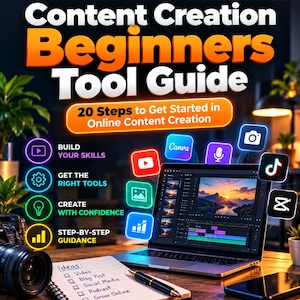 以下が含まれることがあります： オンラインコンテンツ制作の始め方20ステップを解説したHowToHQ Content Creation Beginners Tool Guideというデジタルガイド。表紙にはノートパソコン、アイデアが書かれたノート、カメラ、様々なソーシャルメディアのアイコンが描かれています。