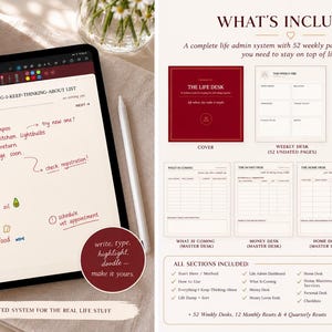 Peut inclure: Un système numérique de gestion de vie affiché sur une tablette montrant une liste de tâches avec des courses et des notes, accompagné d'une page récapitulative détaillant les sections incluses comme le planning hebdomadaire et mensuel.