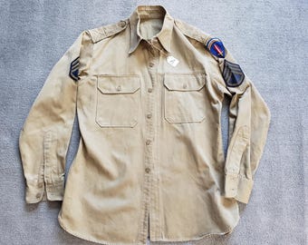 Khaki Cotton Shirt, 1950/60s Army Class B /C Uniform.  MEDIUM.  Shirt A