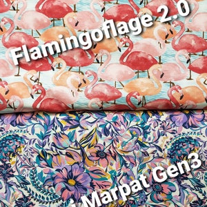 May include: A fabric featuring a pink and white flamingo design. The fabric has the text "Flamingoflage 2.0" printed on it. The bottom half of the image shows a fabric with a floral pattern in shades of pink, purple, blue, and green. The text "Miami Marpat Gen3" is printed on the fabric.