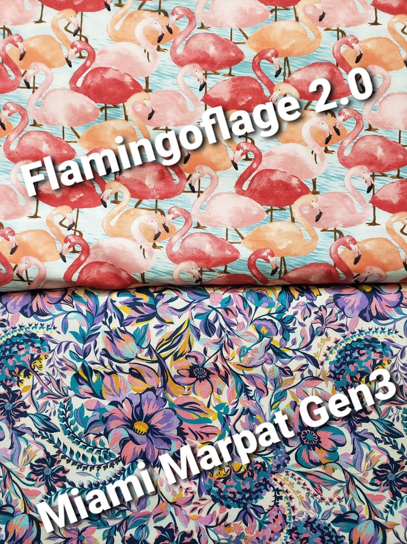 May include: A fabric featuring a pink and white flamingo design. The fabric has the text "Flamingoflage 2.0" printed on it. The bottom half of the image shows a fabric with a floral pattern in shades of pink, purple, blue, and green. The text "Miami Marpat Gen3" is printed on the fabric.