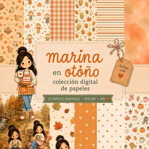 Puede incluir: Una colección de papeles digitales titulada marina en otoño con doce patrones de temática otoñal que incluyen calabazas, hojas, bellotas e ilustraciones de una niña de pelo oscuro. Incluye archivos JPG de 300 DPI en tonos naranja, marrón y crema.