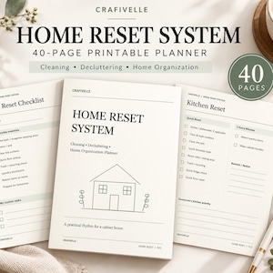 Könnte beinhalten: Ein 40-seitiger, ausdruckbarer Home Reset System Planer mit einem Deckblatt inklusive Hausillustration und Titel, einer Daily Reset Checklist Seite und einer Kitchen Reset Seite. Die Dokumente sind weiß mit schwarzem Text.