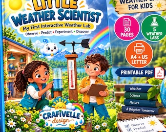 Puede incluir: Un libro de laboratorio interactivo Little Weather Scientist con una ilustración de dos niños observando instrumentos meteorológicos. La portada incluye el texto Little Weather Scientist, My First Interactive Weather Lab y Crafivelle design, con iconos para 30 páginas, 5 laboratorios meteorológicos y formatos A4 y US letter.