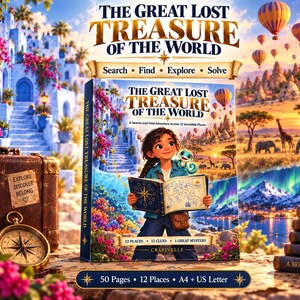 May include: A book titled The Great Lost Treasure of the World featuring a young explorer with a small blue creature, a map, and a background of global landscapes. The cover includes the text 12 Places, 12 Clues, 1 Great Mystery, 50 Pages, and A4 + US Letter.