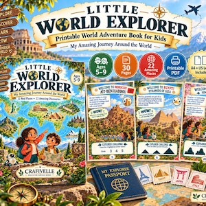 Pode incluir: Um livro de atividades imprimível intitulado Little World Explorer com um mapa-múndi, ilustrações de crianças e monumentos. Inclui um passaporte azul My Explorer, autocolantes tipo selo postal e páginas informativas sobre Marrocos, Egito e Japão.
