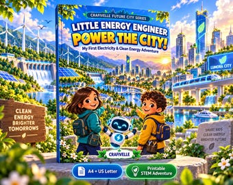 Puede incluir: Un libro titulado Little Energy Engineer Power The City! My First Electricity & Clean Energy Adventure de la serie Crafivelle Future City. La portada muestra a dos niños y un pequeño robot en una ciudad con aerogeneradores y paneles solares.