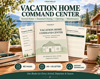 Puede incluir: Una carpeta Vacation Home Command Center con cubierta verde claro, una ilustración de una casa y el texto: Vacation Home Command Center, Second Home, Seasonal Closing, Opening, Maintenance, One Binder for Every Arrival, Departure & Season.