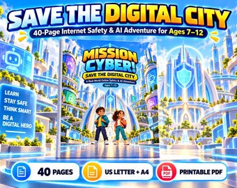 Puede incluir: Un libro digital de 40 páginas titulado Mission Cyber! Save the Digital City, con una colorida ilustración de dos niños en una ciudad futurista. La portada incluye el texto A Real-World Online Safety & AI Adventure for Ages 7-12.