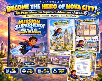Puede incluir: Un libro de aventuras de superhéroes interactivo de 40 páginas titulado Mission Superhero! Zayn and the Power Blackout. La portada muestra a un niño volando sobre Nova City. Incluye misiones, acertijos, misterios y un certificado para 6-10 años.
