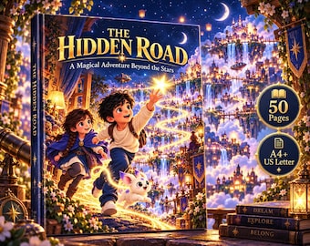 Puede incluir: Un libro de tapa dura titulado The Hidden Road: A Magical Adventure Beyond the Stars, con una ilustración de dos niños y una pequeña criatura en un camino brillante. La portada indica 50 páginas y formato A4+ US Letter.