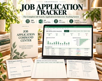 Puede incluir: Un sistema de seguimiento de solicitudes de empleo que incluye un manual impreso titulado Job Application Command Center, una computadora portátil con un panel digital y tres hojas de trabajo impresas para perfiles, seguimiento y entrevistas.