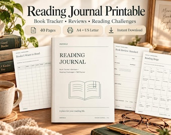 Puede incluir: Un conjunto de diario de lectura imprimible que incluye una portada titulada Reading Journal con un icono de libro abierto, junto con páginas internas que incluyen un rastreador de libros, una reseña y un bingo de lectura.