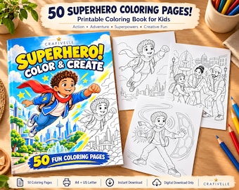 Puede incluir: Un libro de colorear de 50 páginas titulado Superhero! Color & Create de Crafivelle, con una ilustración de portada de un niño volando con capa. Incluye hojas de colorear en blanco y negro con niños en escenas de acción, todo sobre una superficie de madera con lápices de colores.