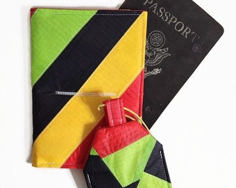 Passport and Luggage Tag Set, Upcycled Paraglider Travel Set, Striped Passport Case and Geometric Luggage Tag, Eco Travel Gift