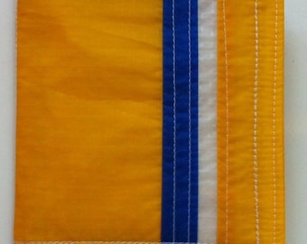 Mens Sport Wallet, Recycled Paraglider Bi Fold, Gold and Blue Stripe Vegan Eco Billfold